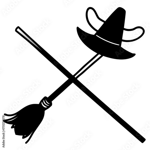 Witch broom hat crossed silhouette vector illustration scalable graphic design icon for halloween and magic themes silhouette White background