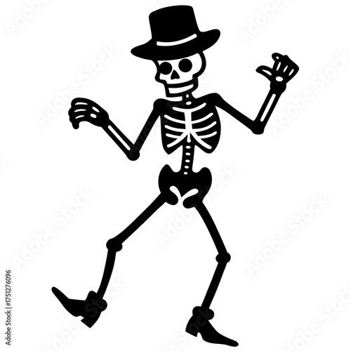Dancing skeleton with top hat vector illustration scalable icon for graphic design projects silhouette White background