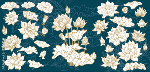 Elegant Lotus Flower Set with Leaves and Seed Pods