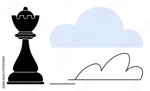 Black chess queen beside abstract cloud design suggesting strategy, foresight, leadership, or cloud systems. Ideal for innovation, success, planning, competition, technology goals and growth