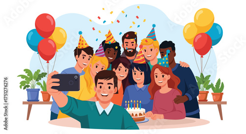 Joyful friends celebrate birthday with cake and balloons, capturing memories in a selfie for social media, showcasing inclusive friendship and happiness