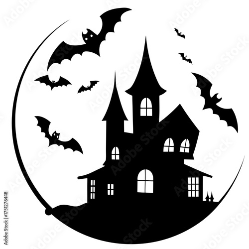 Spooky black silhouette haunted house with bats and full moon vector illustration scalable eps icon silhouette White background