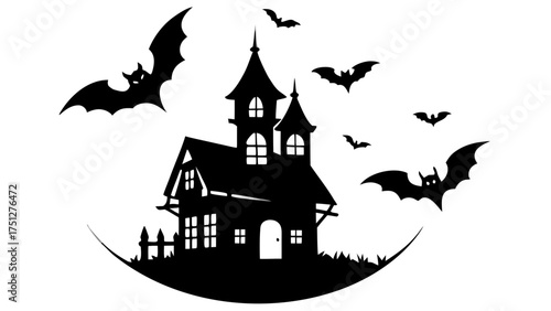 Vector scalable svg illustration of a haunted house silhouette with flying bats for halloween themes silhouette White background