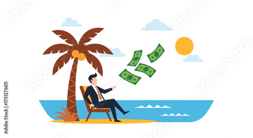 Successful businessman relaxing on tropical beach with cash, enjoying financial freedom and island lifestyle under sunny skies, celebrating wealth