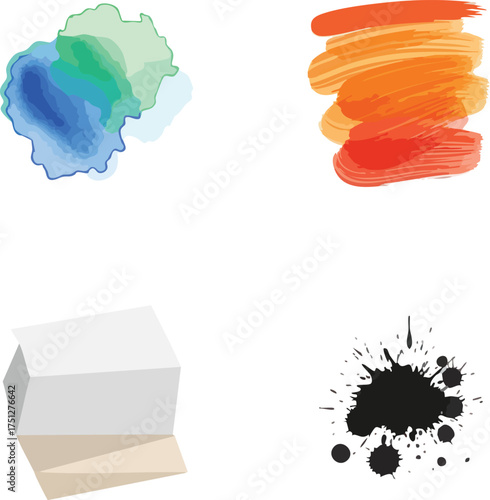 Abstract watercolor splashes and paint strokes with a paper stack and ink splatter.