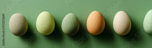 Colorful Decorative Eggs Arranged on Soft Green Surface for Spring Celebration