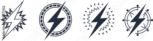 Electric lightning bolt icons symbolizing power, energy, and speed in modern circular designs. Bold black vector style perfect for technology, electricity, or energy branding. Ideal for logos and info