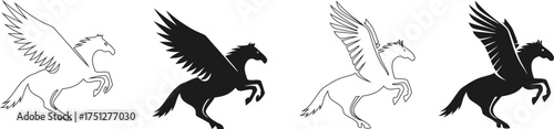 Silhouette and outline illustration of flying Pegasus horse in dynamic motion. Elegant mythical winged creature design ideal for logos, tattoos, or fantasy art. Perfect for creative and vector project