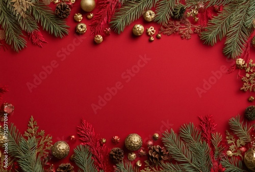 Festive Greenery and Golden Ornaments Create a Warm Holiday Scene on Red Back...