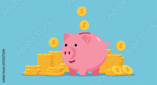 Adorable pink piggy bank and growing stacks of gold coins, symbolizing wealth and prosperity