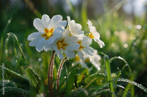 Beautiful White Flowers Covered in Dew in a Green Grass Field During Early Mo...