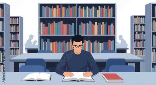 Student immersed in books at the library, perfect for education marketing or illustrating the joy of learning and research in a quiet, studious atmosphere
