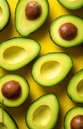 Freshly Sliced Avocados on a Bright Yellow Background Showing Their Vibrant G...