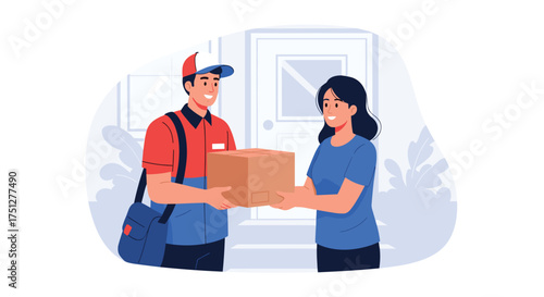 Fast delivery courier handing package to happy customer for convenient online shopping at home, illustrating modern e-commerce and customer satisfaction