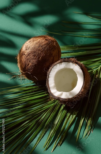 Fresh Coconuts on Green Palm Leaves With Shadow Play From Natural Light