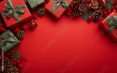 Festive Holiday Gifts and Decorations on a Vibrant Red Background for Christm...