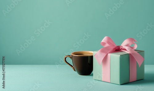 Gift Box With Pink Ribbon Next to a Cup of Coffee on a Mint Green Background