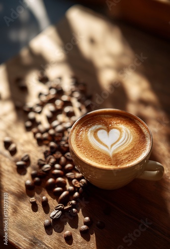 Warm Latte Art on a Wooden Table Surrounded by Coffee Beans in Soft Sunlight