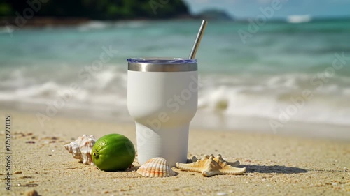 Tumbler mockup on a sandy beach with ocean background for summer beverage ads