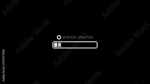 Pixel System Updating animation with progress bar. 4K animation of system updating with icon, text, progress bar and pixel art style
