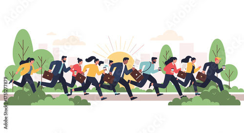 Dynamic team racing to success with briefcases and coffee in hand against a vibrant cityscape backdrop, symbolizing ambition and energetic teamwork