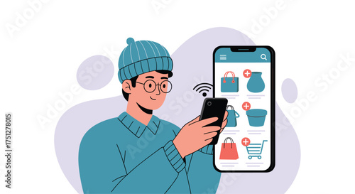Young man browsing vibrant online store for unique gifts on phone, perfect for holiday shopping and modern consumerism, explore the latest trends now