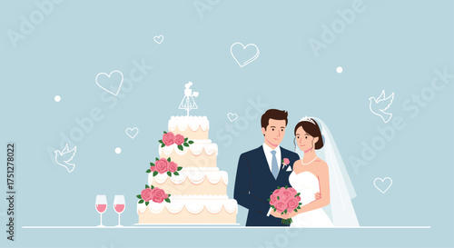 Celebrate everlasting love with this beautiful bride and groom illustration, perfect for wedding invitations, greeting cards, and romantic designs today