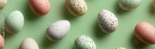 Colorful Eggs Arranged in a Row on a Green Background for Spring Celebration