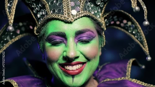Villainous jester smiles in green makeup for a theatrical portrait on stage