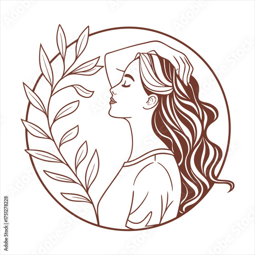 Elegant woman line art portrait with botanical leaves, minimalist beauty logo design.