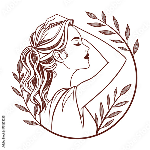 Elegant woman line art portrait with botanical leaves, minimalist beauty logo design.