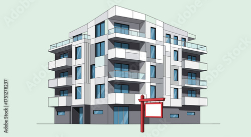 Modern apartment building with balconies and a real estate sign, ideal for property development, architectural designs, and urban planning projects