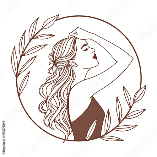 Elegant woman line art portrait with botanical leaves, minimalist beauty logo design.