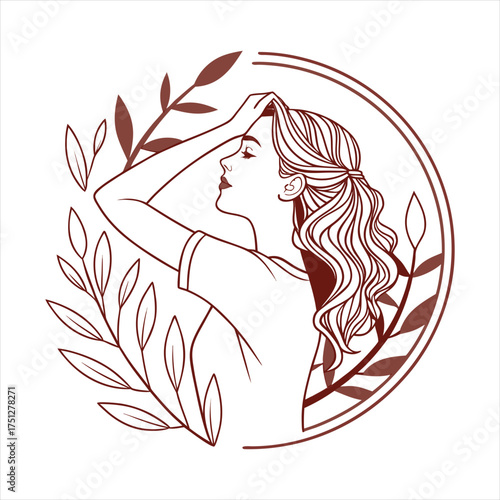 Elegant woman line art portrait with botanical leaves, minimalist beauty logo design.