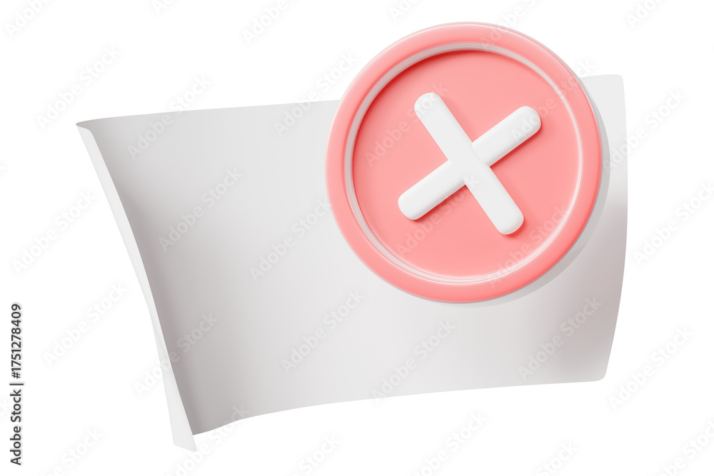 Fototapeta premium 3d pink cross on paper icon. error cancel concept. Minimal cartoon cross x close remove for app ui notification banner. isolated on white background. 3d render.