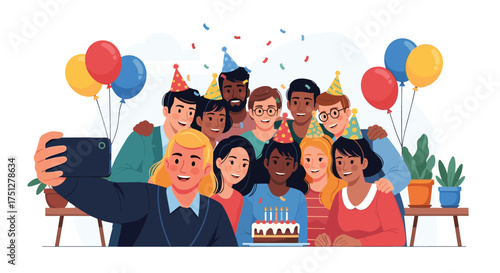 Celebrate diversity with friends at a vibrant birthday party, capturing joyful memories with a group selfie and colorful balloons for special occasions