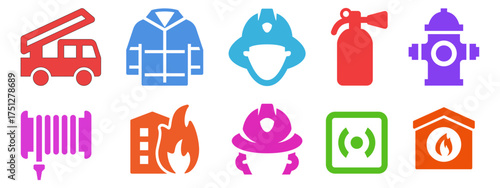 Fire safety and emergency vector graphics collection, Colorful icons representing a fire hose, burning building, alarm, and fire station for public safety concepts