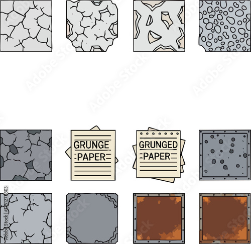 Collection of grunge paper and textured background patterns.