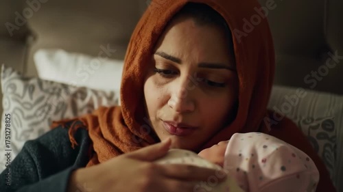 Woman in headscarf holds newborn baby in bedroom, a tender motherhood concept