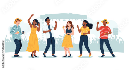 A Vibrant Outdoor Concert with Friends Celebrating Summer Vibes and Joyful Moments at a Festival, Perfect for Lifestyle Campaigns