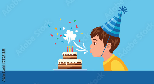 Make a wish Boy enthusiastically blows out birthday cake candles at his party with confetti and a festive hat, perfect for celebrating childhood joy