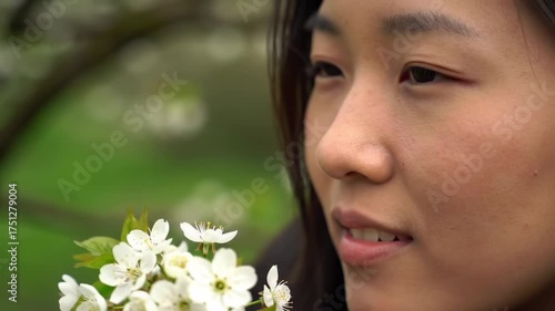 Woman smelling white blossoms in a green park for wellness and beauty concepts