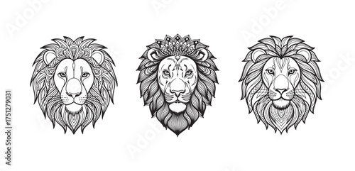 Lion face set- coloring page for the adults with mandala pattern on head