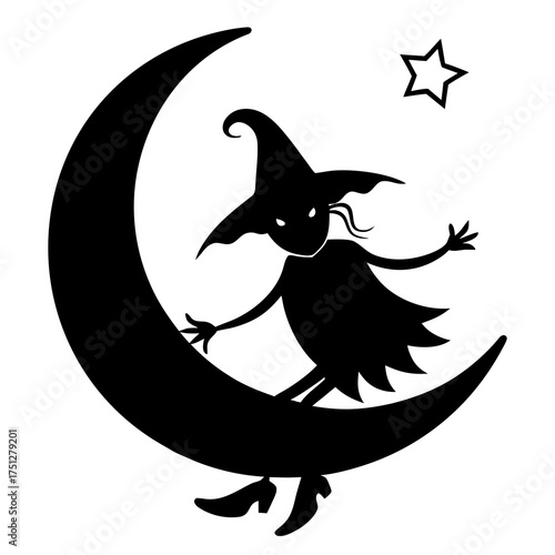Vector silhouette of a witch flying under a crescent moon and star scalable illustration silhouette White background