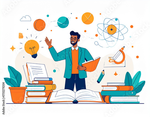 Creative Teacher Illustrating Science Concepts in a Classroom Setting