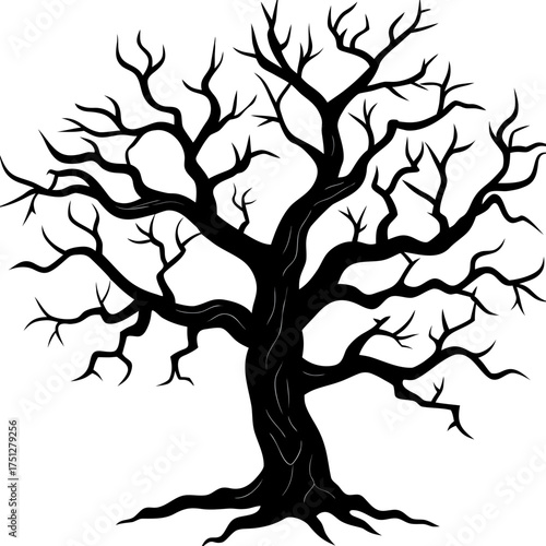 Spooky twisted branches tree silhouette vector illustration scalable graphic art eps icon for design silhouette White background