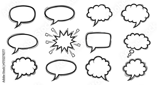 Hand Drawn Comic Speech Bubbles – Doodle Sketch Dialog Balloons and Thought Clouds
