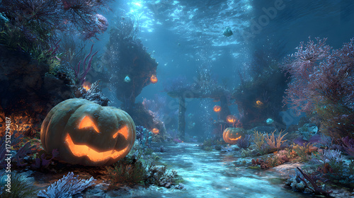 Fototapeta Naklejka Na Ścianę i Meble -  Surreal underwater Halloween celebration featuring sea zombies, glowing coral reefs, and floating pumpkin lanterns 