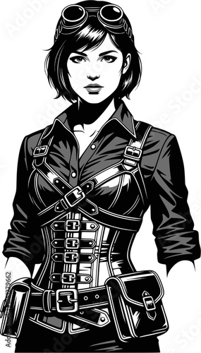 Beautiful steampunk girl vector silhouette. Steampunk mechanic in monochrome. EPS version.