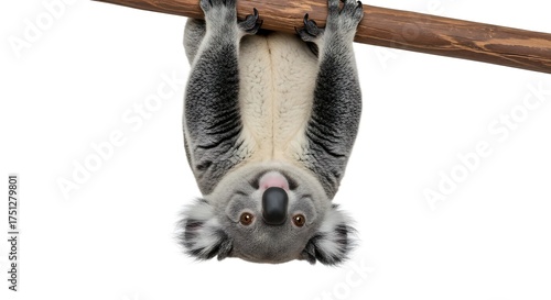 Koala Hanging Upside Down on Branch with Playful Expression.